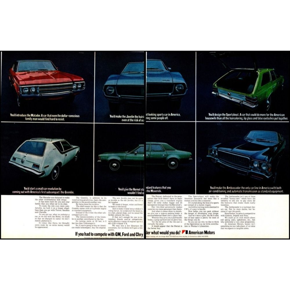 1971 AMC Car Line Up Javelin Matador Gremlin 2 Page Vintage Print Ad Wall Art